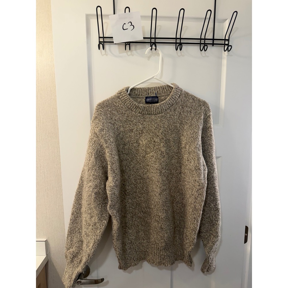 Lands End Vintage Wool Blend Crew Neck Sweater Mens Large Tan Made in USA C3